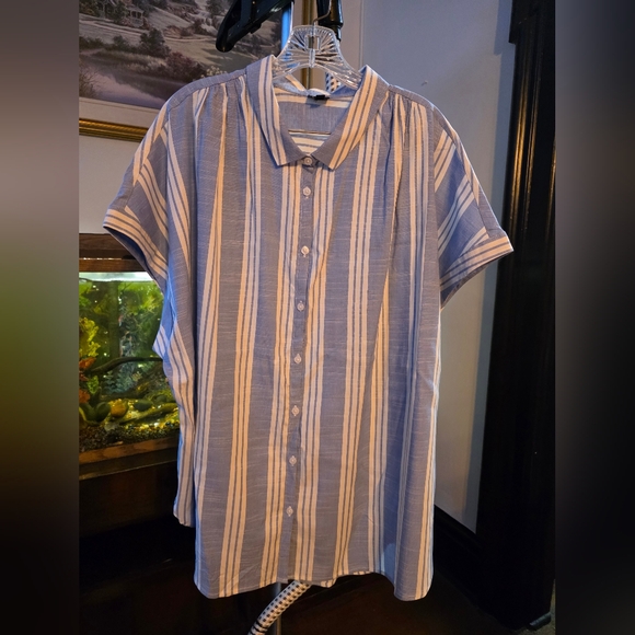 Lee Cap Sleeves Blue and White Striped Button Down Shirt Size 2x - Picture 7 of 7